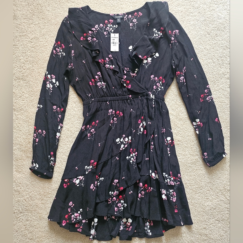 Express Black Floral Wrap Mini Dress with Pink Accents